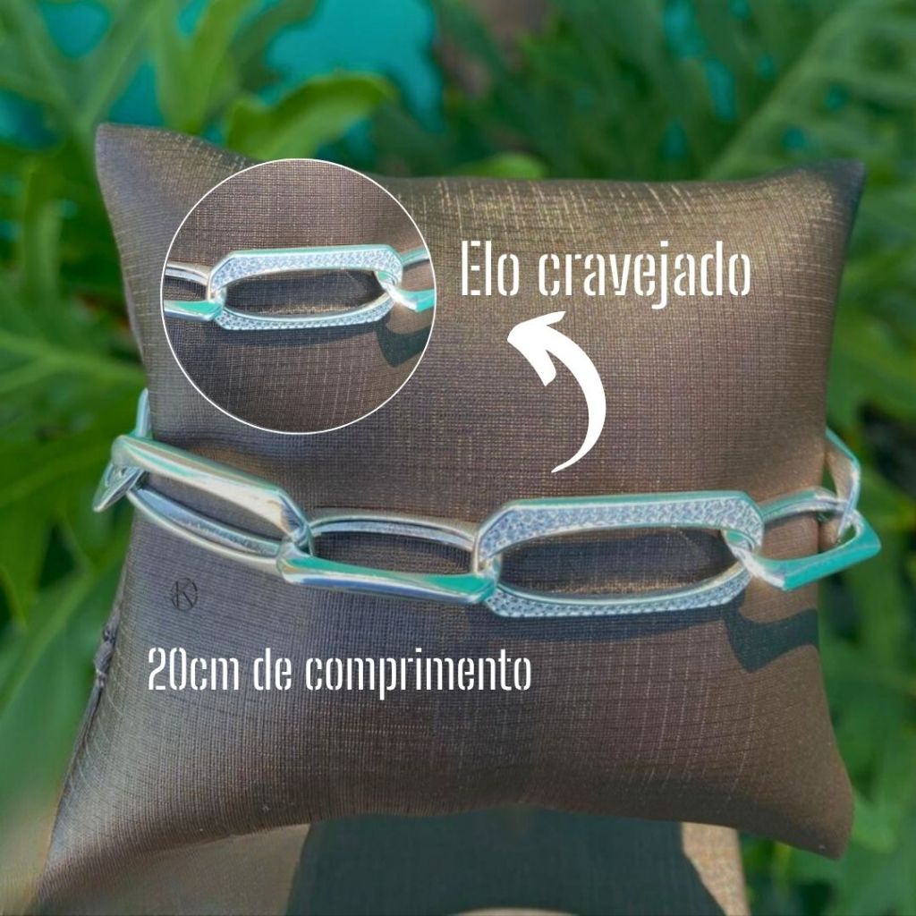 Pulseira Feminina Elo Retangular Microzircônia  Semijóia Banhada Ouro 18k ou Prata 925