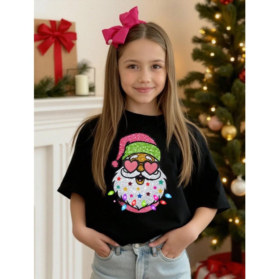 Camiseta Infantil Feminina Papai Noel Natal Natalino Estampa Alegre Comemoração Looks De Natal Criança Menina Lançamento