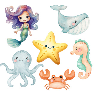 Kit Display de Mesa MDF 6 Peças - Fundo do Mar Aquarela com sereia em Oferta na Shopee