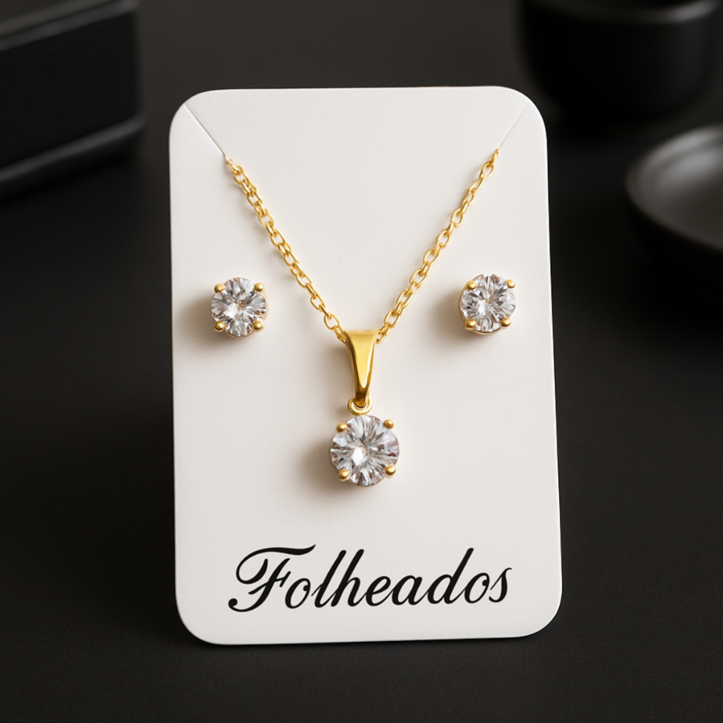 Conjunto Colar e Brinco Ponto de Luz Folheado a Ouro Feminino Pedra Brilhante em Oferta na Shopee