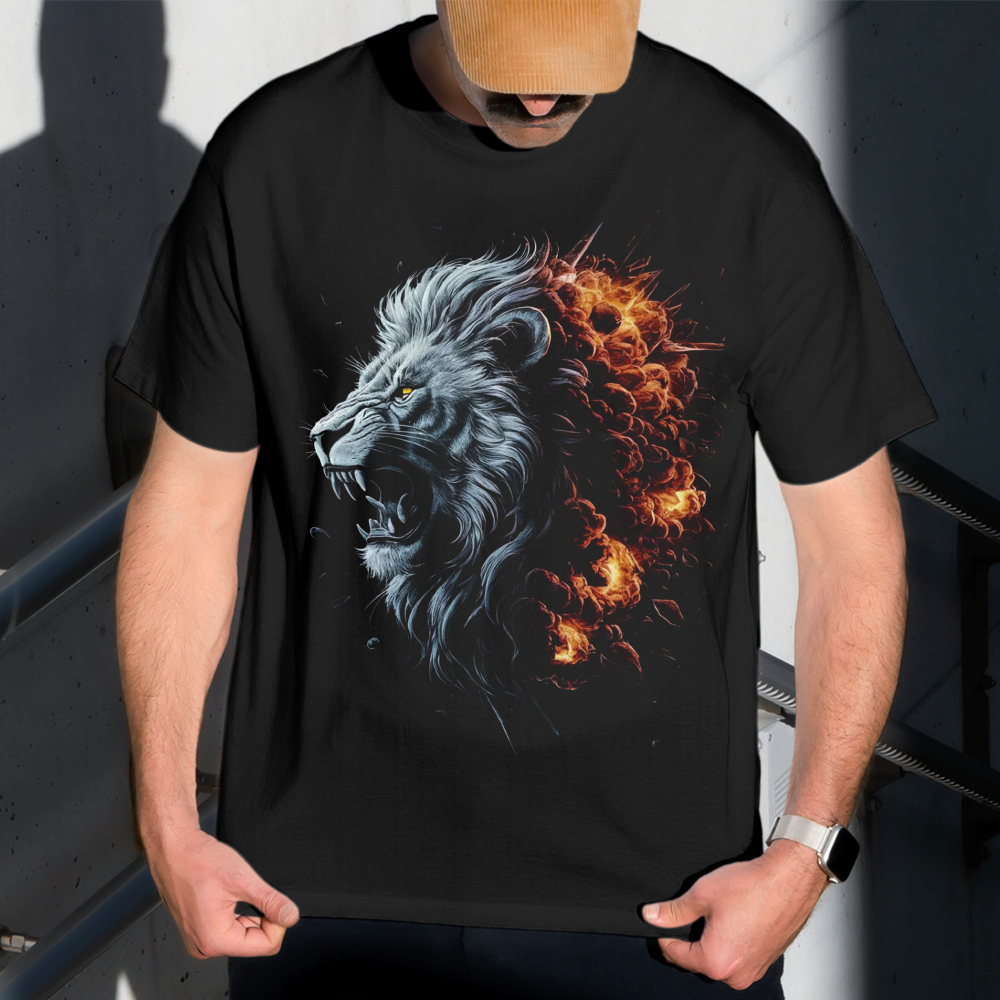 Camiseta Masculina Estampa Leão Explodindo 100% Algodão Estilo Conforto Diário Do Tamanho P ao GG