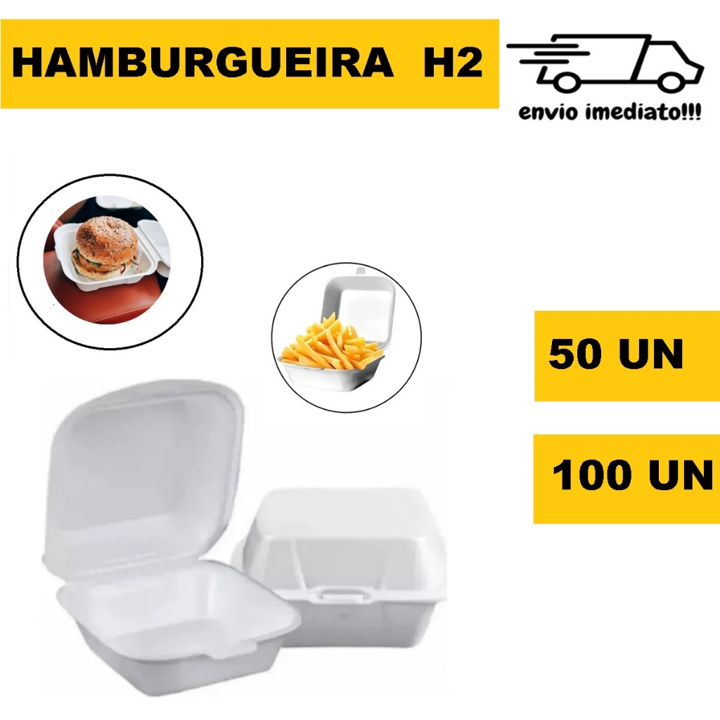Hamburgueira Isopor H02 para Lanche Delivery Hamburguer Com 50 ou 100 Unidades
