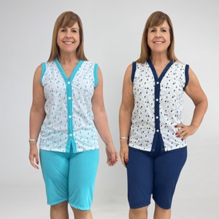 Kit 2 Pijama Feminino Bermuda Pescador Senhora Gestante Conjunto Aberto Botão Amamentação Cirurgia em Oferta na Shopee