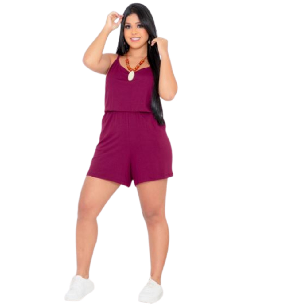 Macaquinho Feminino Curto Alcinha com Bolso Cintura Elástica Soltinho