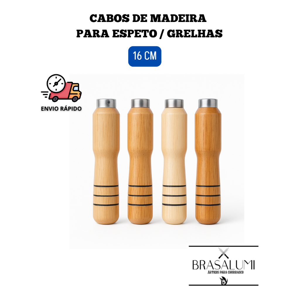 CABO DE MADEIRA COM PONTEIRA INOX 16CM PARA ESPETO CHURRASCO