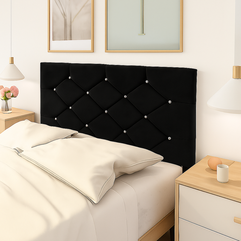 Cabeceira Box Casal Tecido Suede com Pés e Botões de Strass - Estrutura Reforçada