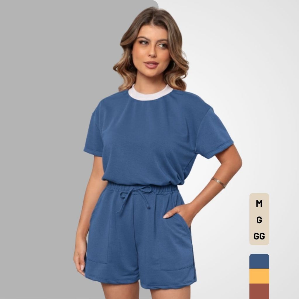 Conjunto Feminino Plus Size Short e Blusa Alfaiataria Casual Confortável Moda Verão