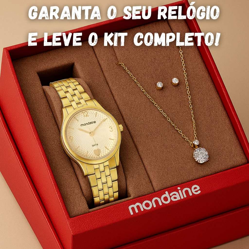 Kit Relógio de Pulso Mondaine com Colar e Brincos Elegantes