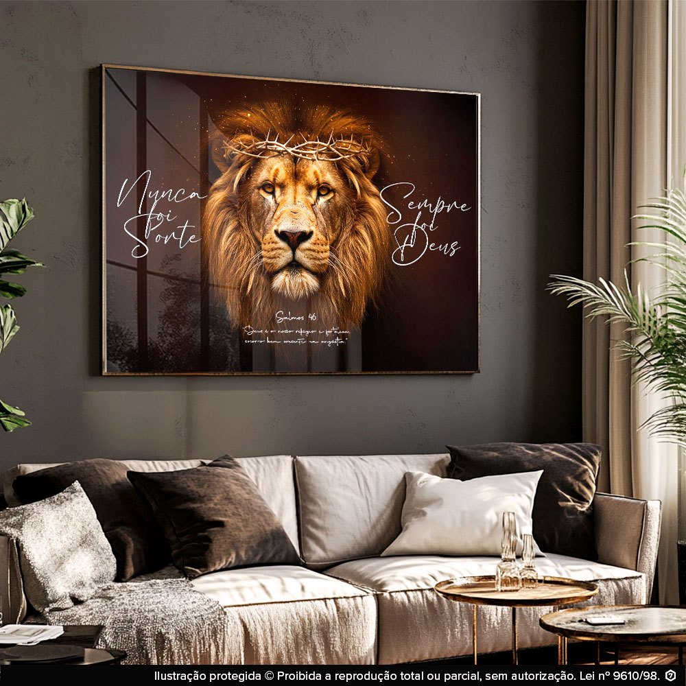 Quadro Decorativo Leão de Judá – Nunca Foi Sorte Sempre Foi Deus | Arte Religiosa Moderna para Sala e Quarto
