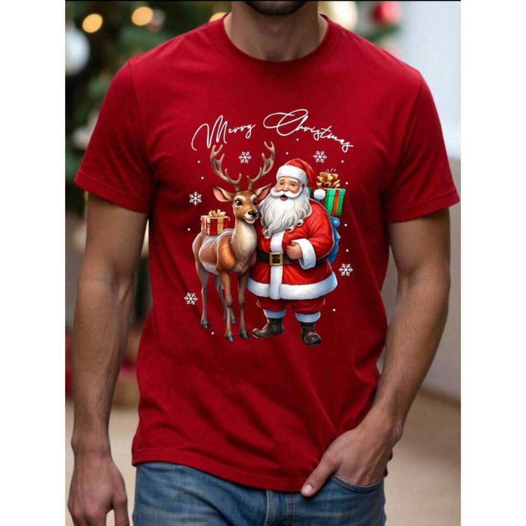 Camiseta Algodão Natalina Estampada Merry Christmas Família Natal Papai Noel Gola Redonda Unissex