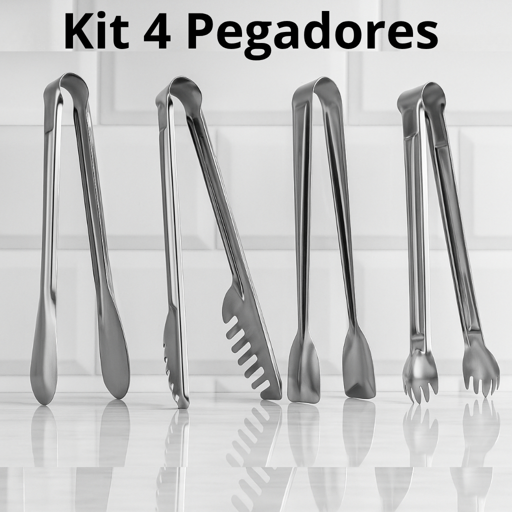 Kit 4 Pegadores Inox Premium – Massa 20cm, Salada 20cm, Frios 18cm e Gelo 18,5cm