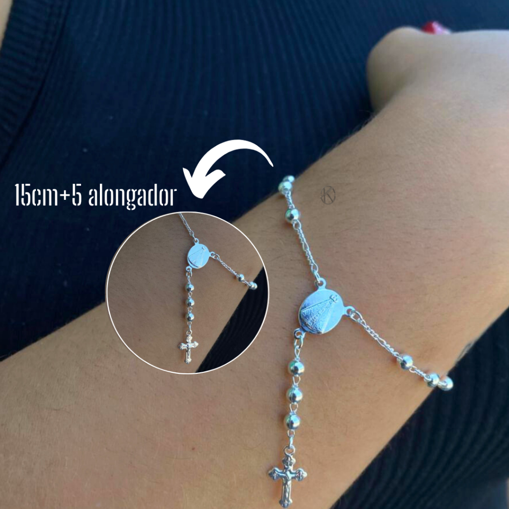 Pulseira Feminina Terço Cruz medalha Nossa Senhora Religiosa Semijóia Banhada Ouro 18k ou Prata 925