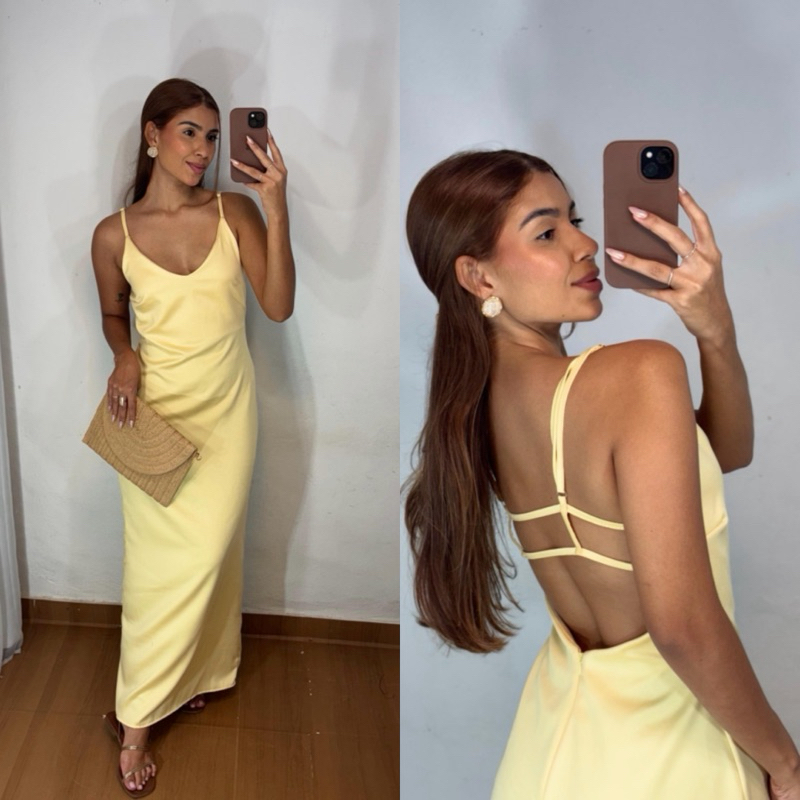 Vestido Longo de Cetim com Alças Finas e Costas Abertas Feminino chic Seda em Oferta na Shopee