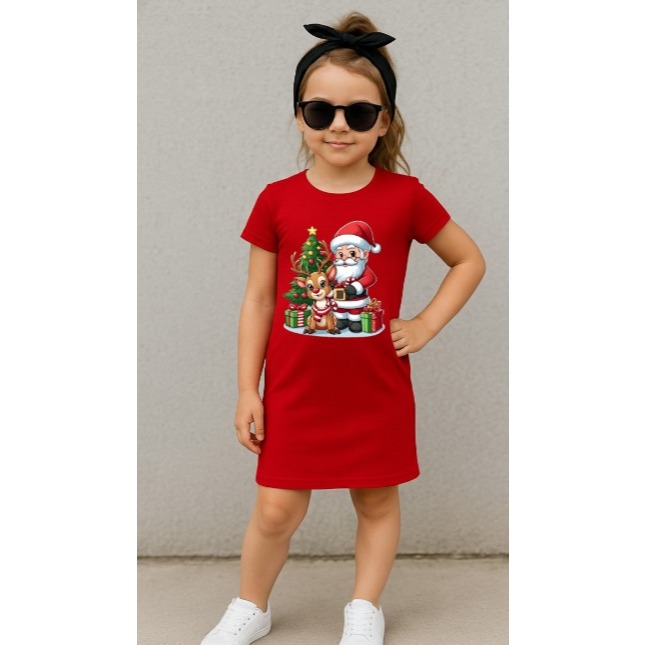 vestido infantil algodão premium look casual natal papai noel e rena