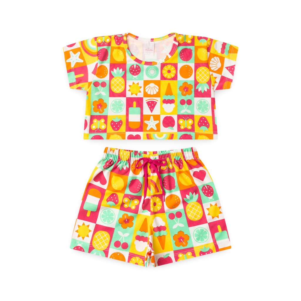 Conjunto Infantil Menina Roupa de Criança Feminina Short e Cropped Em Conton Malha Premium l16