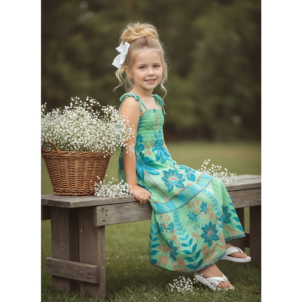 Vestido Infantil Menina Longo Estampado Tamanho M 4 a 6 Anos Confortável Estiloso para Dias de Sol