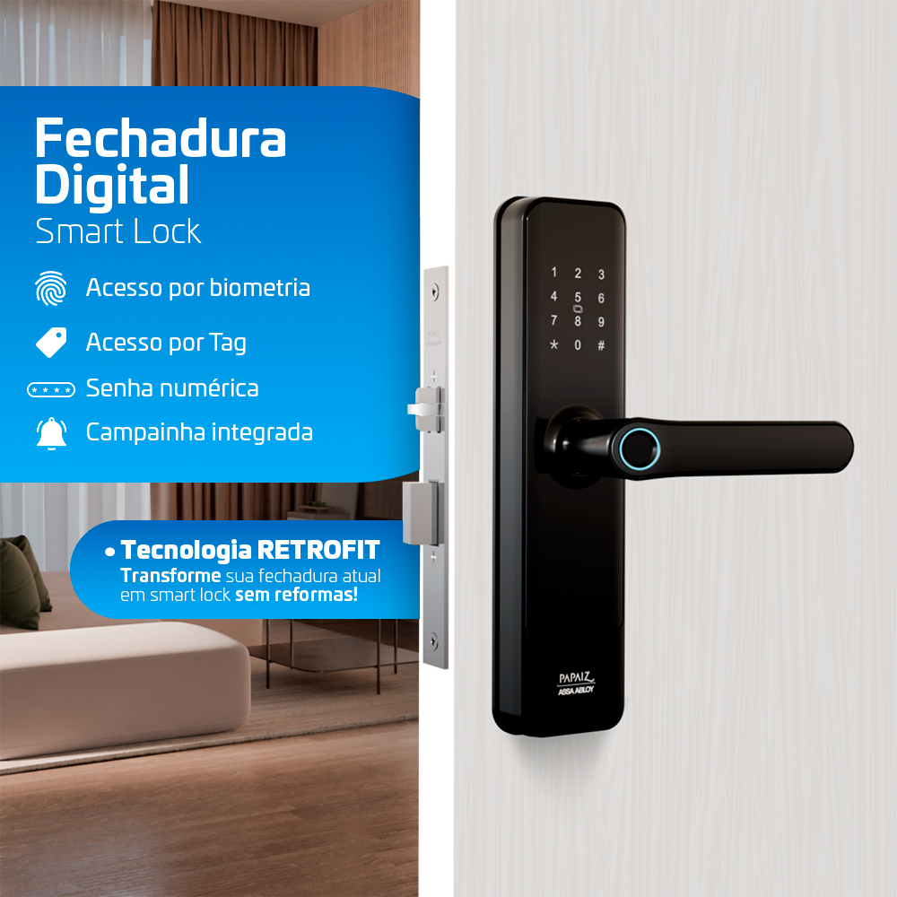 Fechadura Smart Eletrônica Digital Papaiz Original Biometria Touch Campainha Integrada RFID SL150