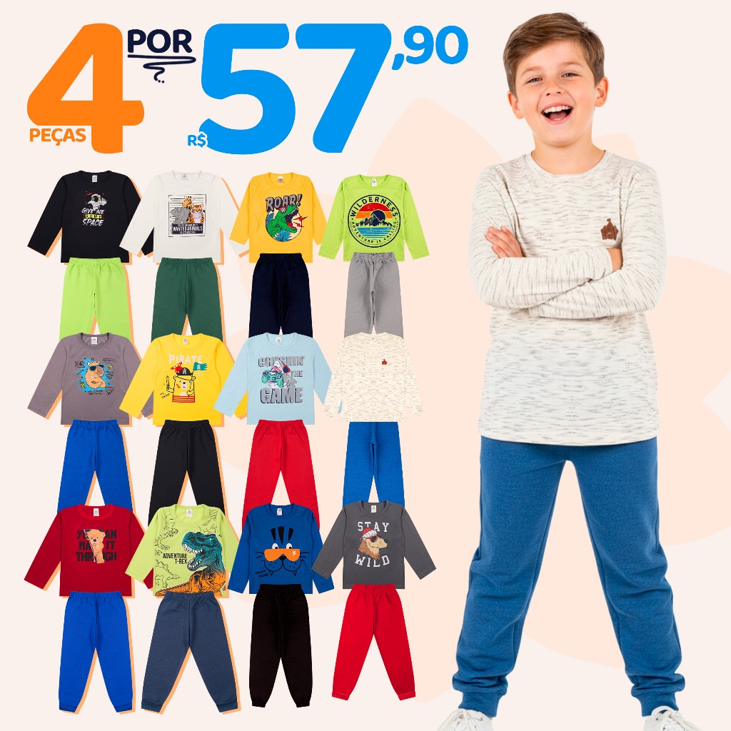 Kit Sortido 4 Peças de Roupas Masculino Infantil Inverno Meia Estação – 2 camisas manga longa + 2 calças de Moletom em Oferta na Shopee