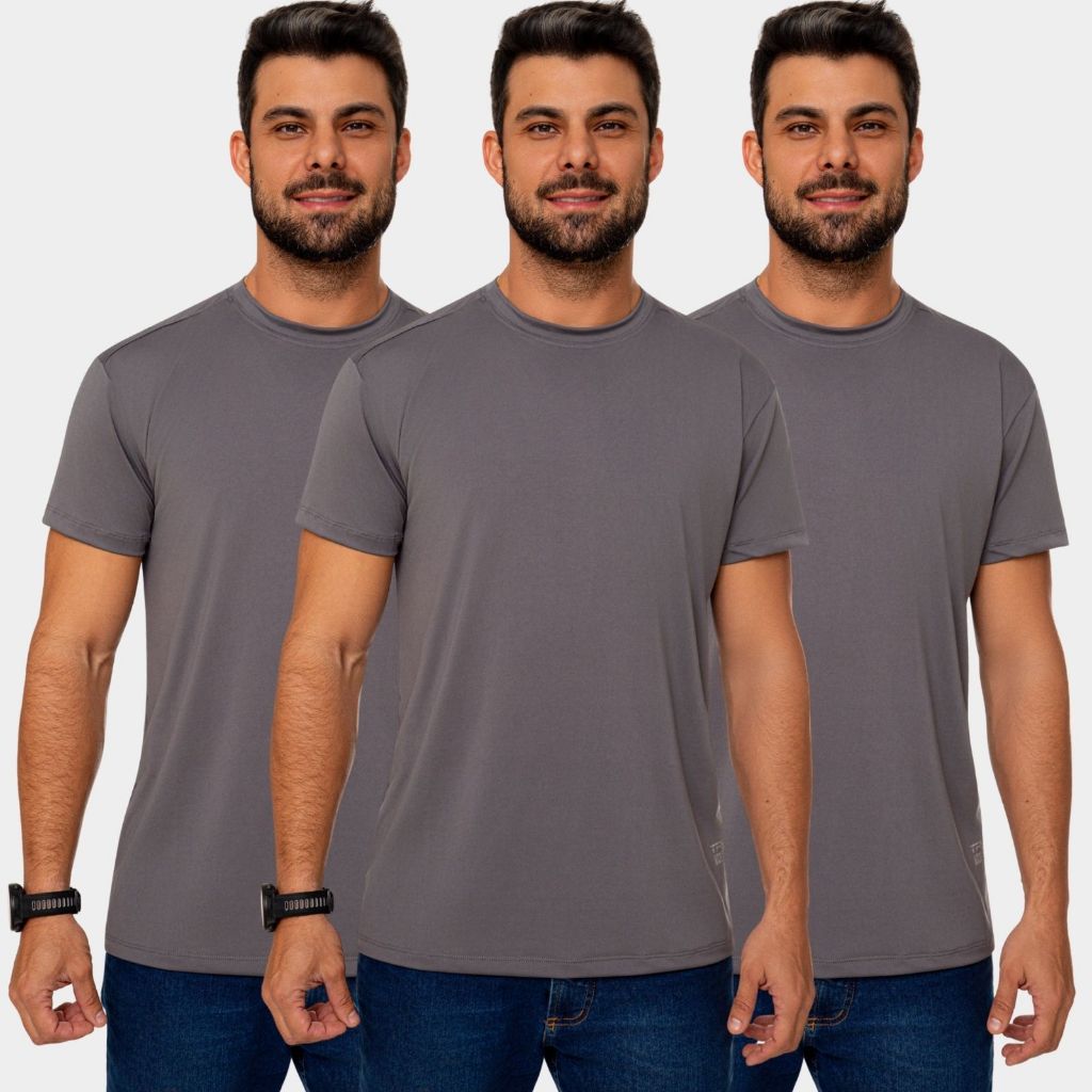 Kit 3 Camisa Camiseta Dry Fit Masculina Manga Curta Academia Treino Esportiva Corrida Caminhada Proteção Uv Cinza