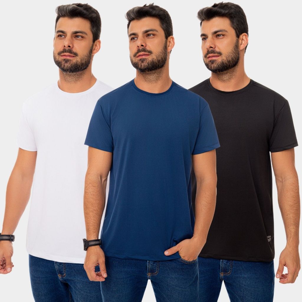 Kit 3 Camisa Camiseta Dry Fit Masculina Manga Curta Academia Treino Esporte Corrida Uv Branco Azul Marinho Preto
