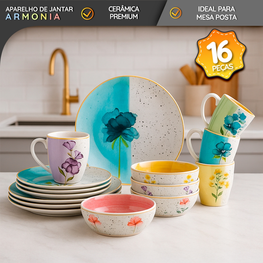 Aparelho de Jantar 16 Peças Armonia Cerâmica Premium Ideal para Mesa Posta