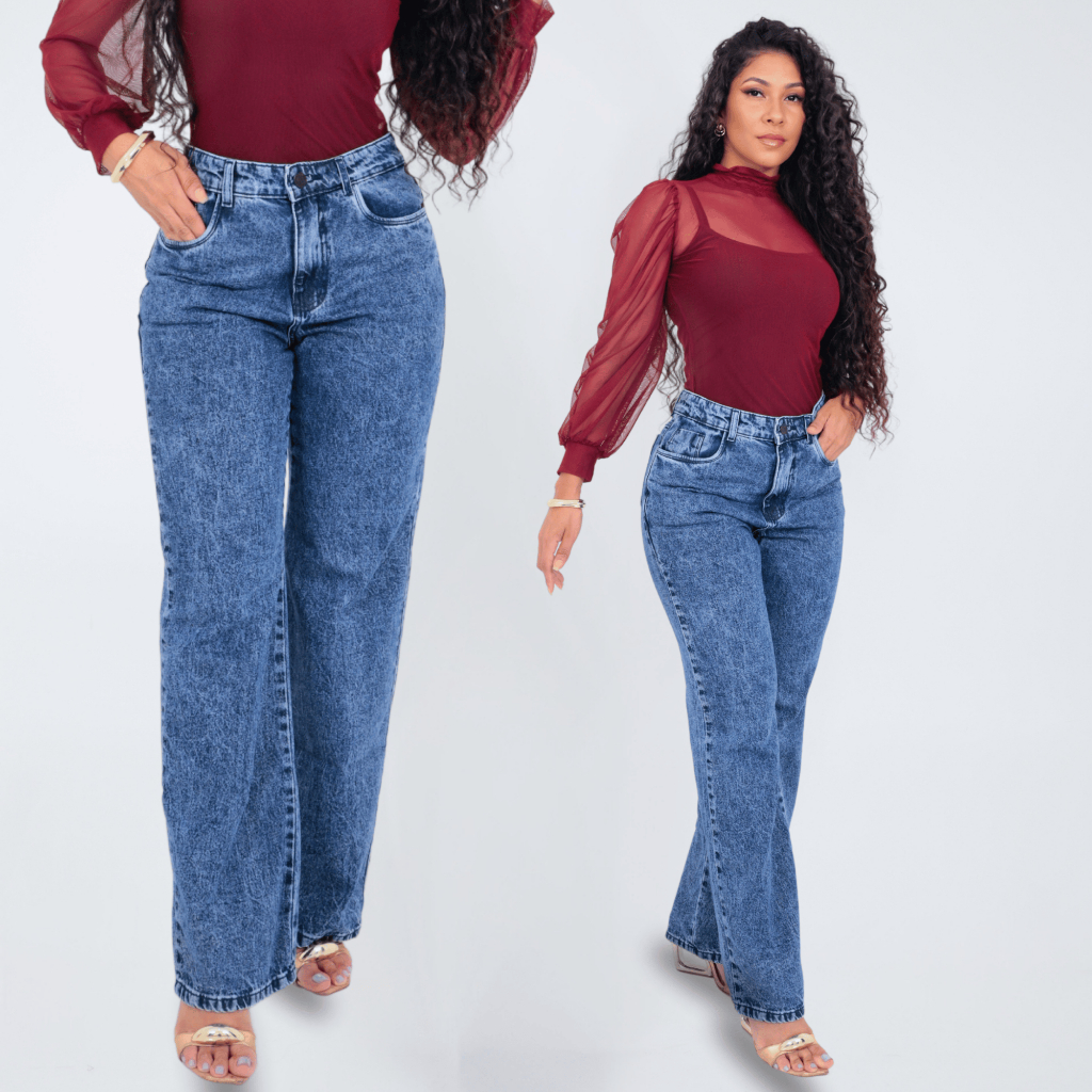 Calça Jeans Feminina Wide Leg Pantalona Marmorizada Cintura Alta 100% Algodão Premium Empina Bumbum Sem Lycra