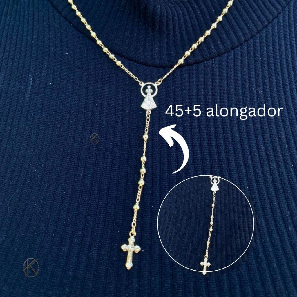 Colar Terço Feminino com Pingente Cruz – Semijoia Banhada a Ouro 18k ou Prata 925