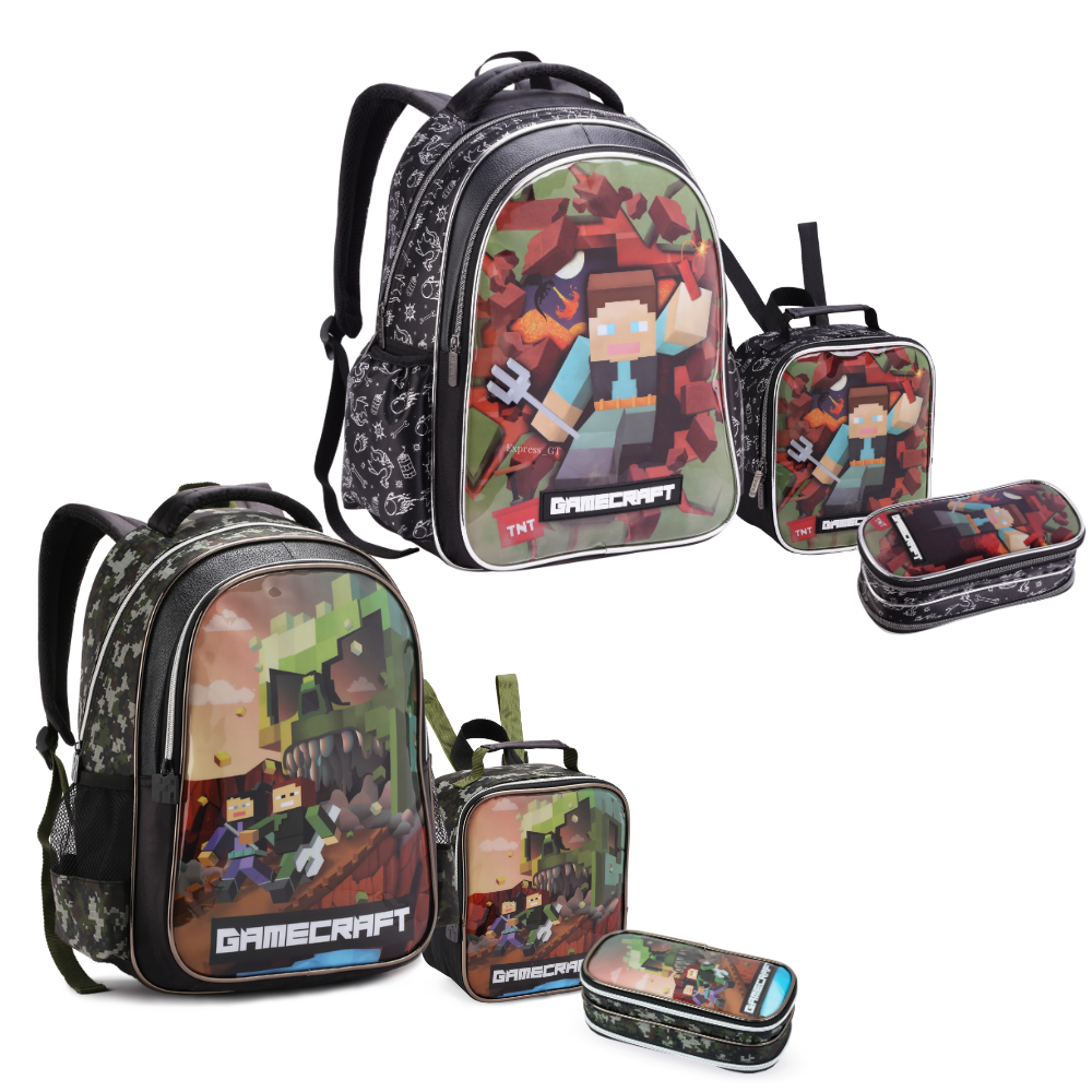 Mochila Infantil Menino Escolar Gamecraft Costas Com Lancheira Térmica e Estojo Reforçado Grande