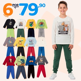 Kit Sortido 6 Peças de Roupas Masculino Infantil Inverno Meia Estação – 3 camisas manga longa + 3 calças de Moletom em Oferta na Shopee