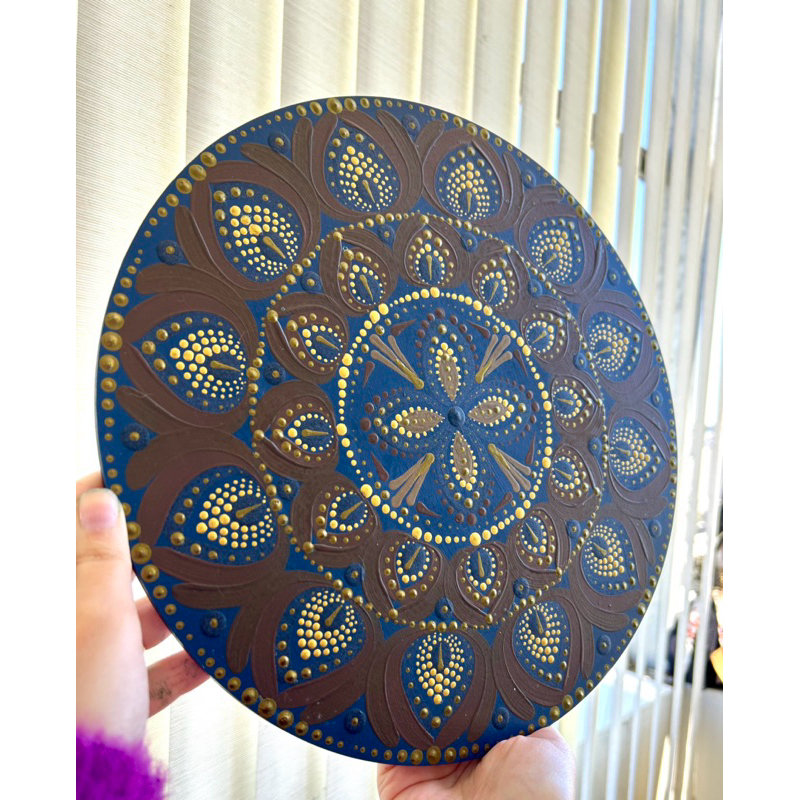 Mandala Azul Marinho 30cm com Bronze e Marrom | Quadro MDF Pintado à Mão | Decoração Elegante