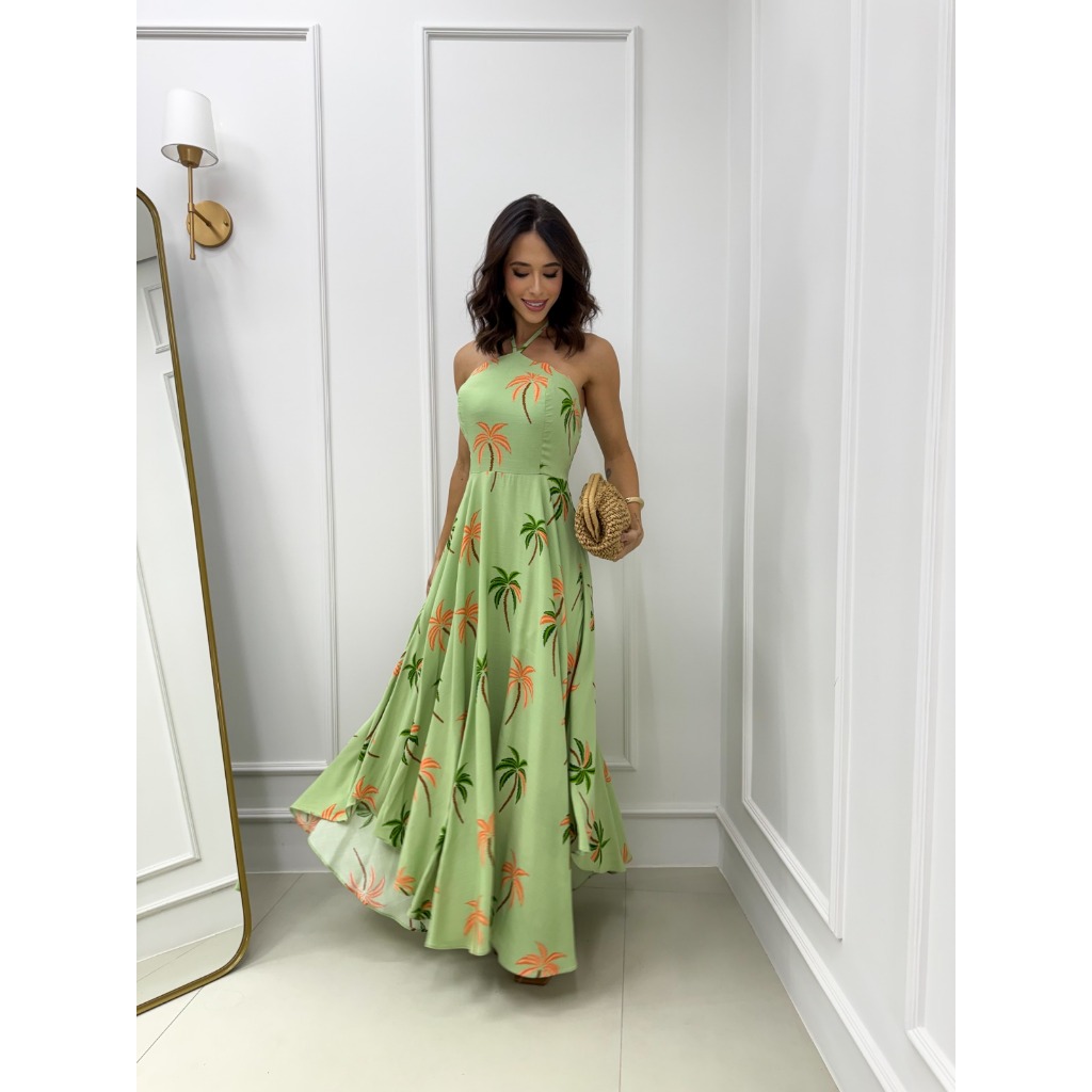 Vestido Longo Feminino Frente Única Rodado Estampa Tropical COD:196-Coqueiro