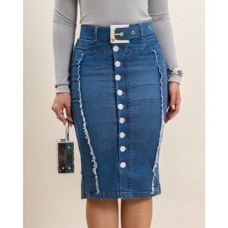 Saia Secretária Jeans com Cinto e Recortes Desfiados Modernos 7Pallas em Oferta na Shopee