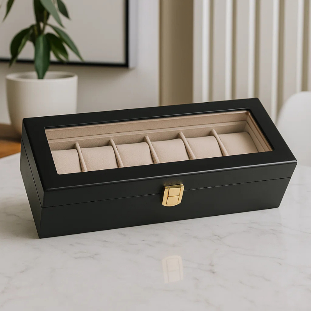 Porta Relógio Para 6 Em Madeira Forrado Internamente Com Almofadas e Esponjas