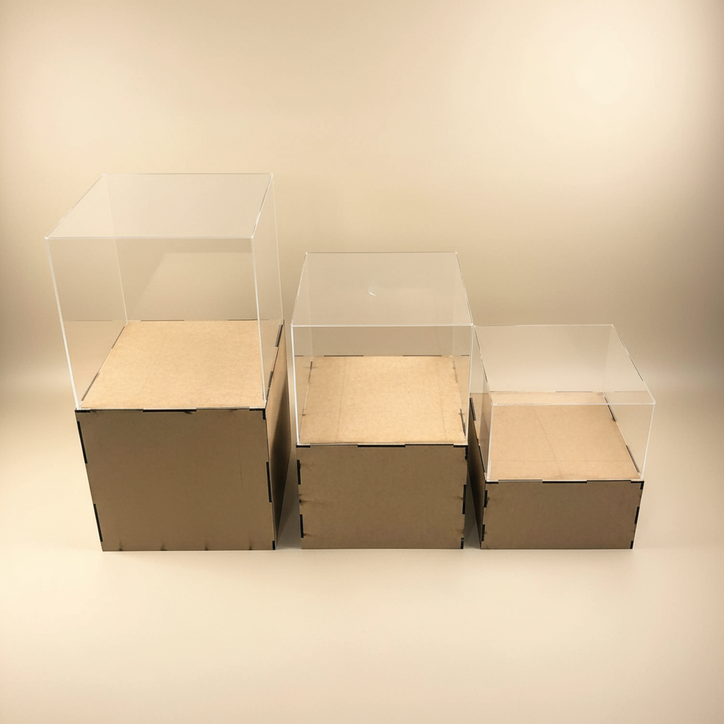 Kit Trio Cubos Acrílico 40/30/20cm c/ Base MDF + Case de MDF 6mm Decoração Luxo Festas Eventos Vitrine Moderna Elegante