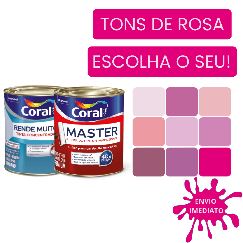 Tinta Rosa pra Parede Anti Mofo Acrílica Fosca Coral 800ml - Escolha o tom de rosa