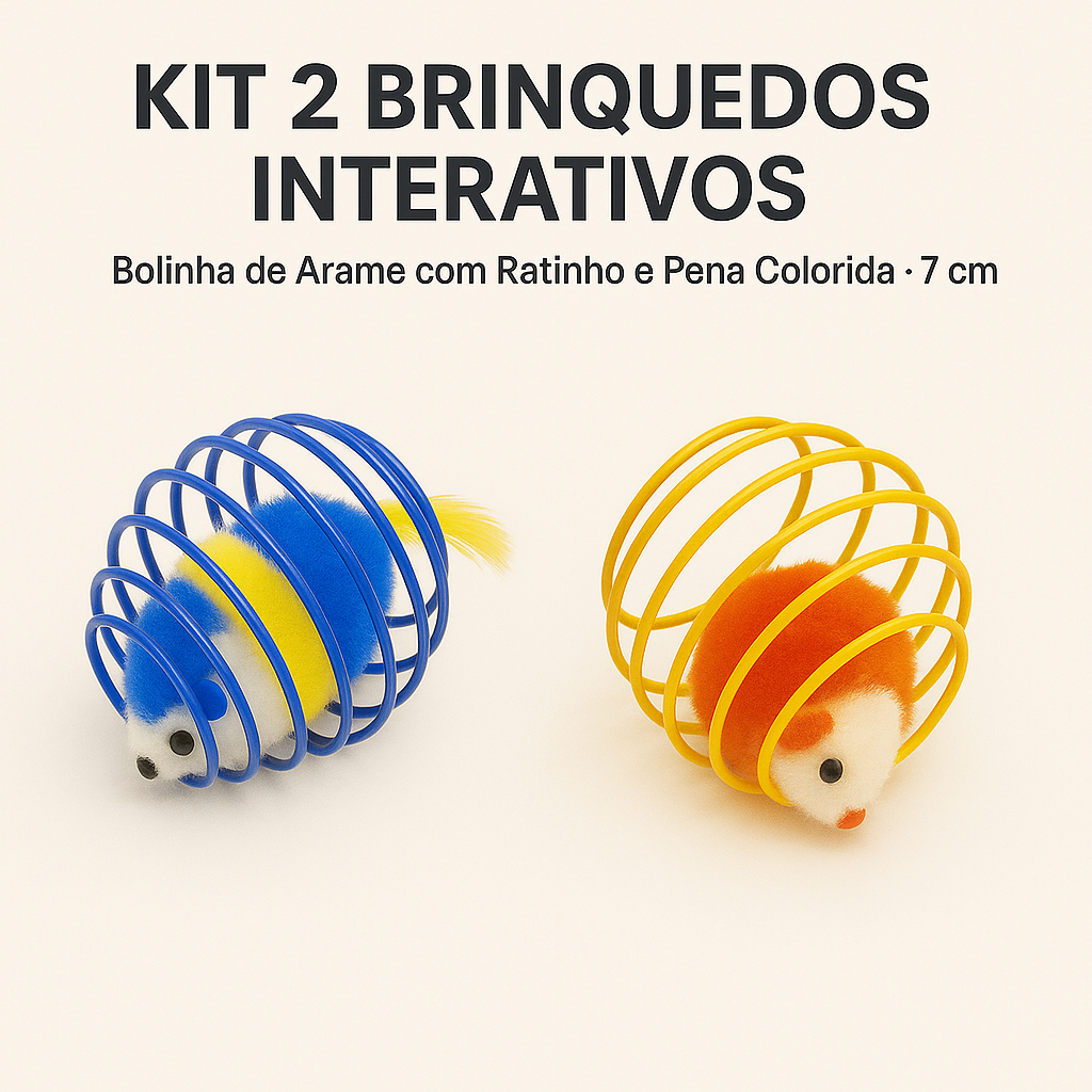 Kit 2 Brinquedos Interativos para Gato Bolinha de Arame com Ratinho e Pena Colorida Tamanho 7cm