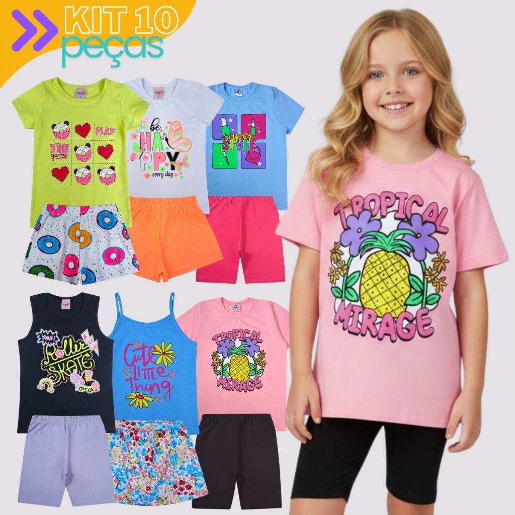 Kit Sortido de Roupas Infantil Menina Verão Com Blusas E Shorts