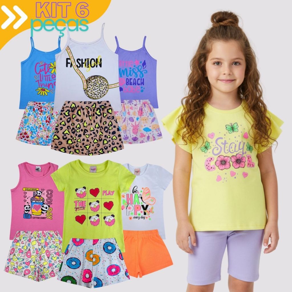 Kit Sortido 6 Peças De Roupas 3 Blusas E 3 Shorts Conjunto Infantil Menina