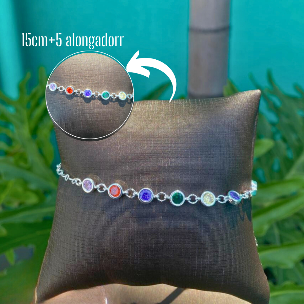 Pulseira Feminina Delicada Cravejada Zircônia Coloridas Semijoia Banhada Prata 925 ou Ouro 18k
