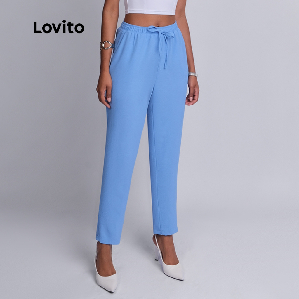 Lovito Calça Cintura Alta Elegante Alfaiataria Azul Feminina Reta Duna LB470BRL500 em Oferta na Shopee