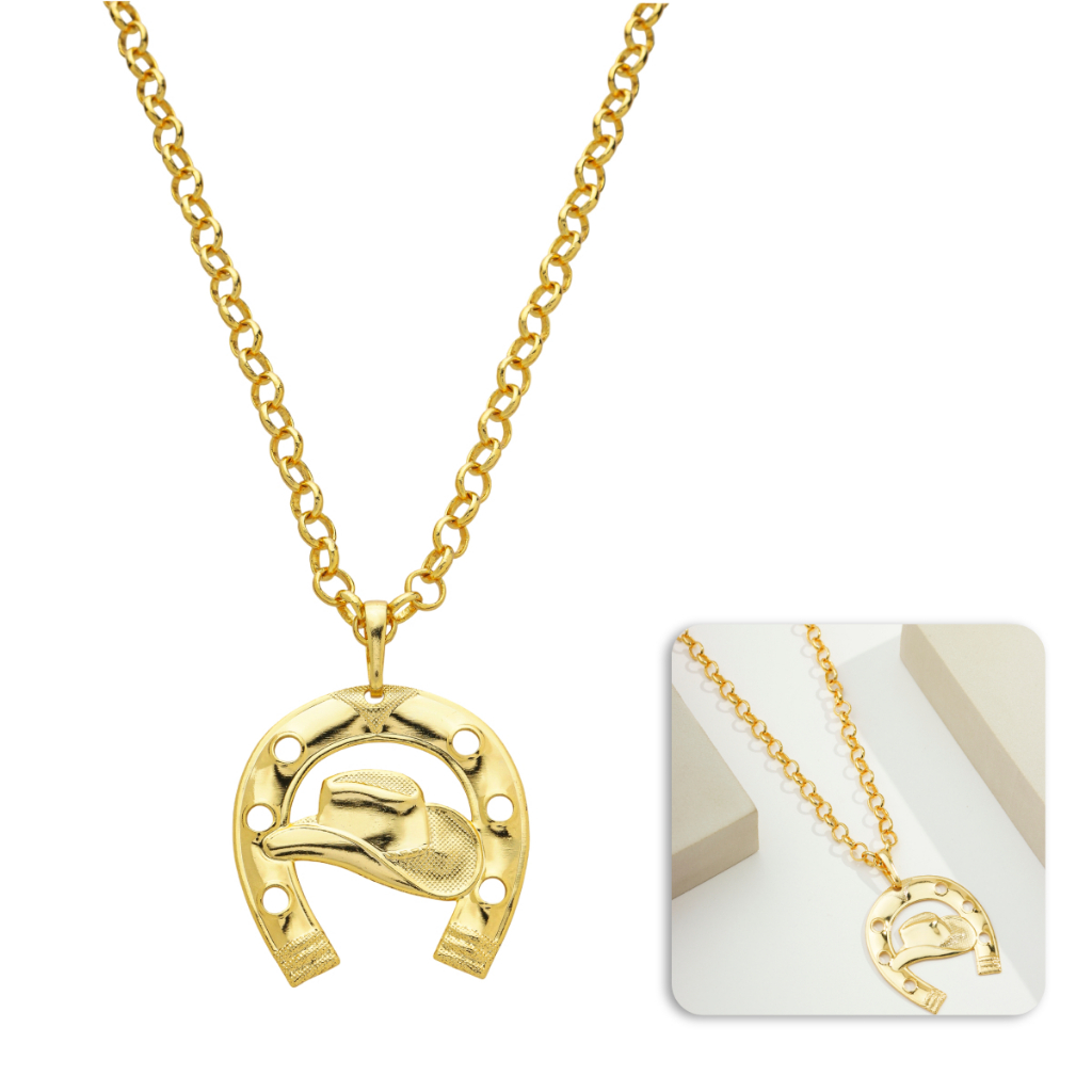 Cordão Feminino 6mm Elo Portugues Moeda Antiga 50cm + Pingente Ferradura Boiadeira Ouro 18K