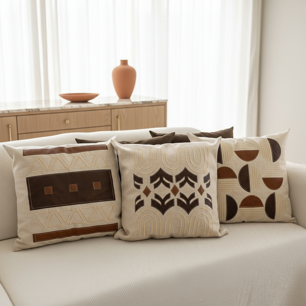 Kit de Capa de Almofada Linho Aplicada em Couro Bordada Decorativa - Escolha Sua Combinação