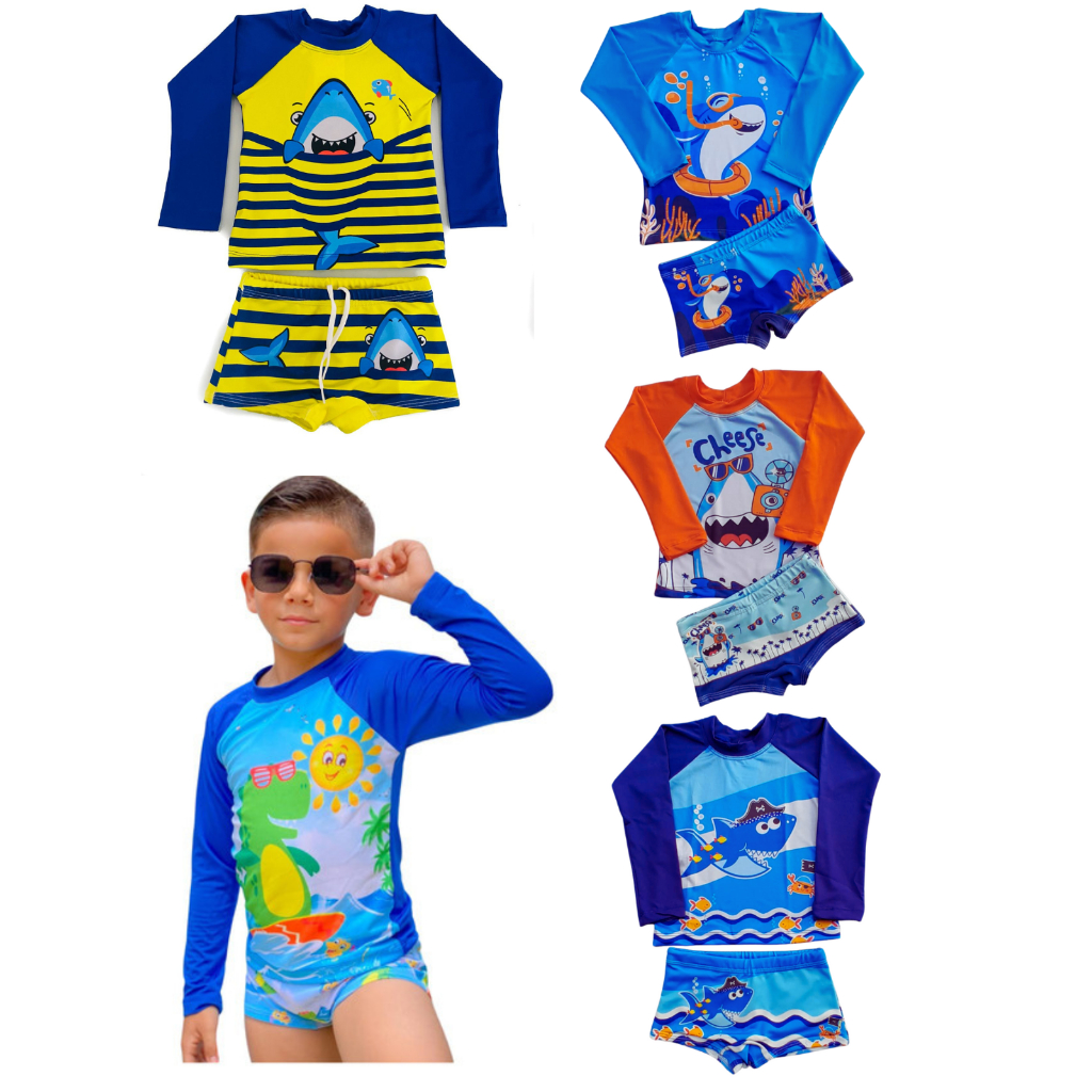 Conjunto Infantil Moda Praia Menino Camisa Manga Longa e Sunga com Proteção UV50+ Verao Roupa Banho em Oferta na Shopee