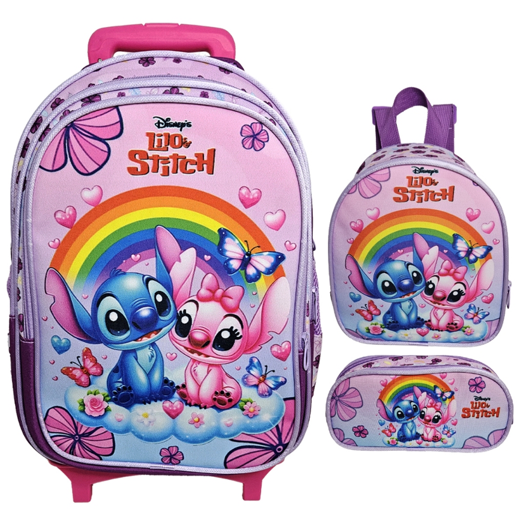 Kit Mochila Escolar Com Rodinha Stitch, Lancheira E Estojo em Oferta na Shopee