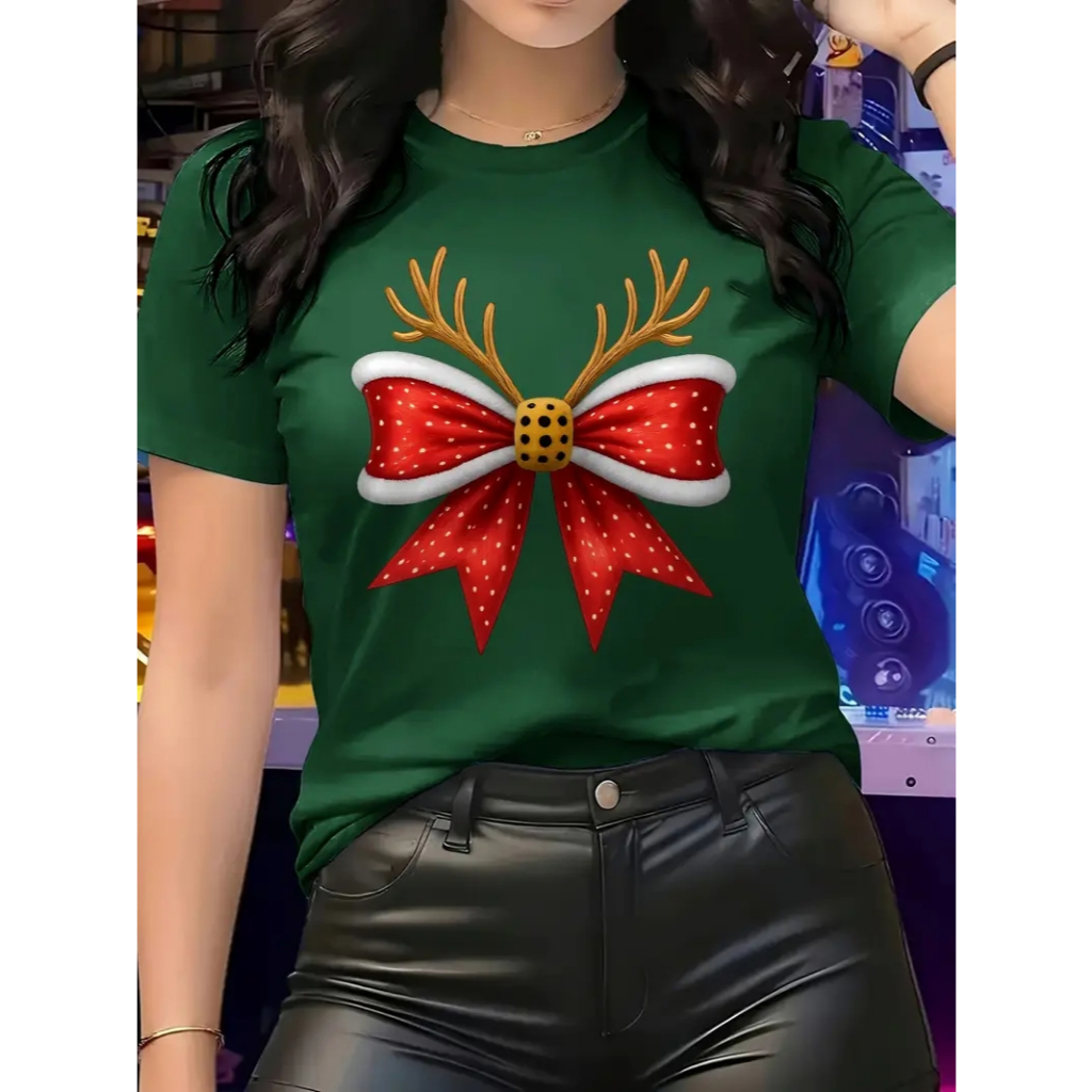 CAMISETA FEMININA T-SHIRT ALGODÃO100% ESTILO NATALINA LAÇO BOLINHA