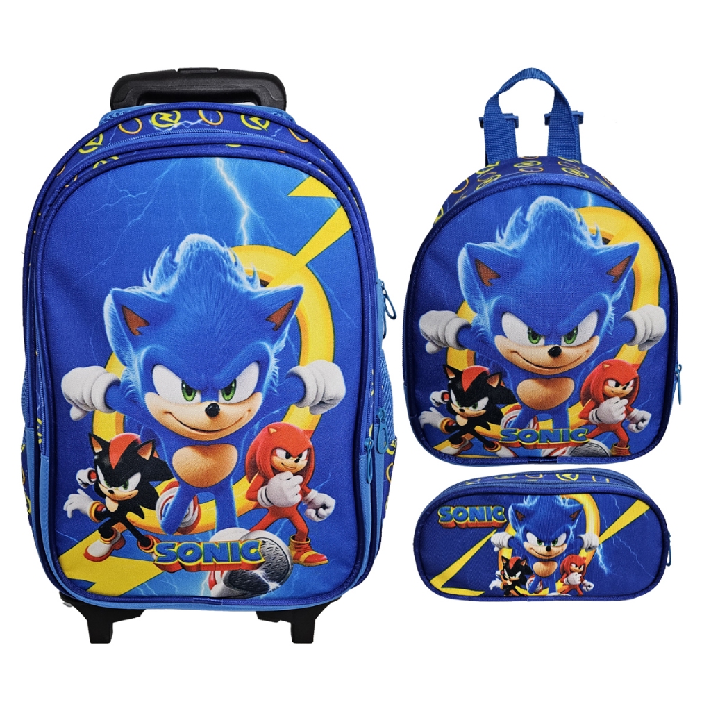 Kit Mochila Escolar Rodinha, Sonic Lancheira, Estojo, Sonic3 em Oferta na Shopee
