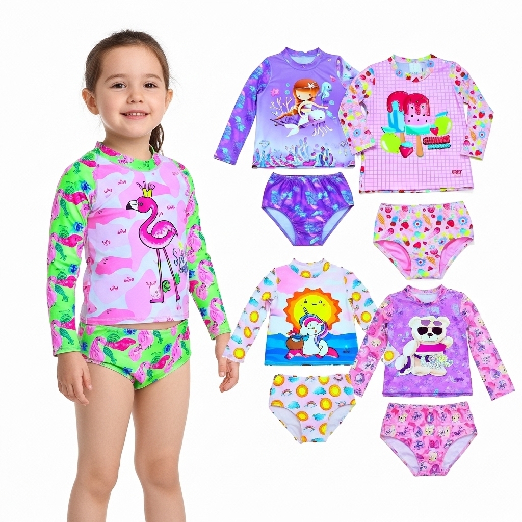 Conjunto Infantil Bebê Juvenil Moda Praia Menino Menina Camisa Manga Longa e Sunga Calcinha com Proteção UV50+