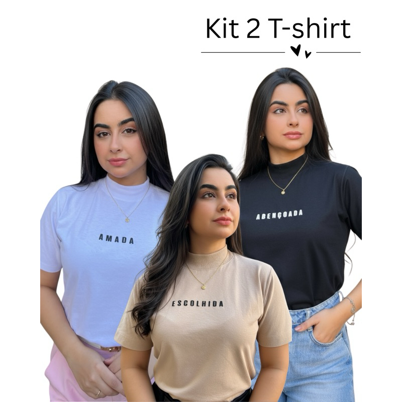 Kit 2 Camisetas Femininas Cristãs Gola Alta Algodão Premium Elegante Confortável Moderna em Oferta na Shopee