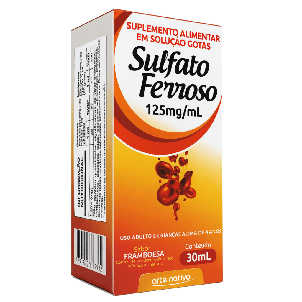 Sulfato Ferroso Arte Nativa 30ml Sabor Framboesa Suplemento em Gotas Reposição Ferro