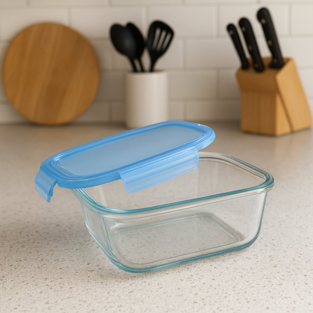 Pote Hermético Retangular de Vidro 370ml com Tampa de Silicone Azul com Vedação e Alta Resistência